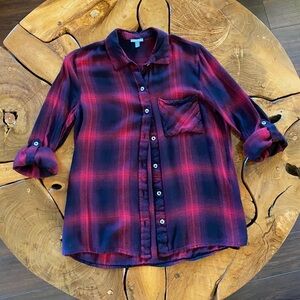 Plaid Button Down Roll Up Sleeve Shirt Charlotte Russe Made in India